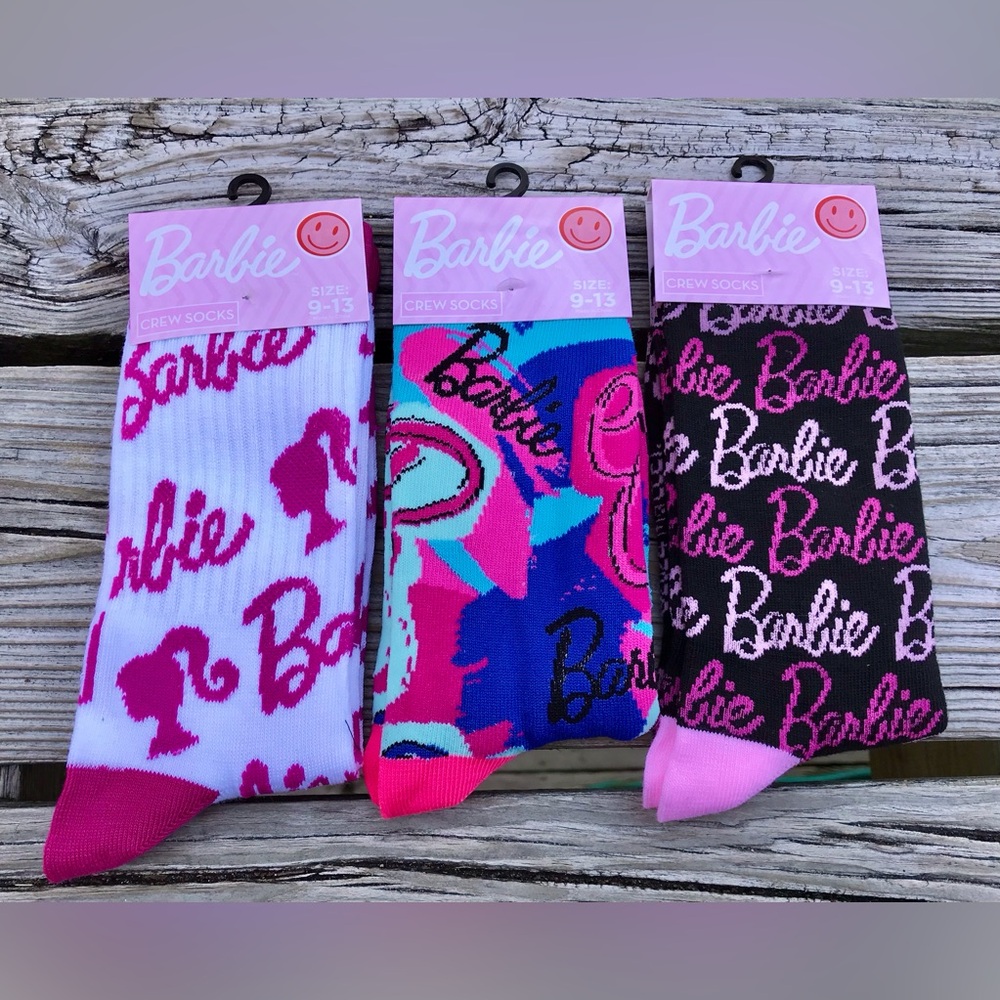 NEW 3 Pair BARBIE Mattel Logo Pattern Theme Crew Socks One Size Fits Most OSFM